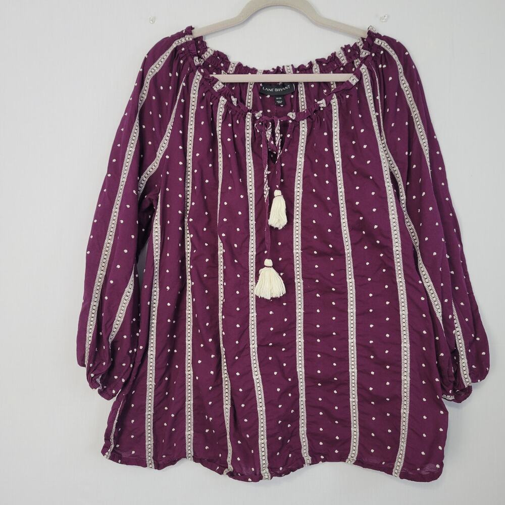 Lane Bryant Embroidered Split Tassel Neck Peasant Top size 18/20 Purple Boho